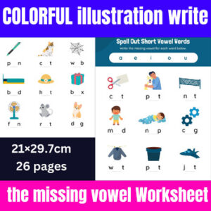 Colorful illustration write the missing vowel Worksheet